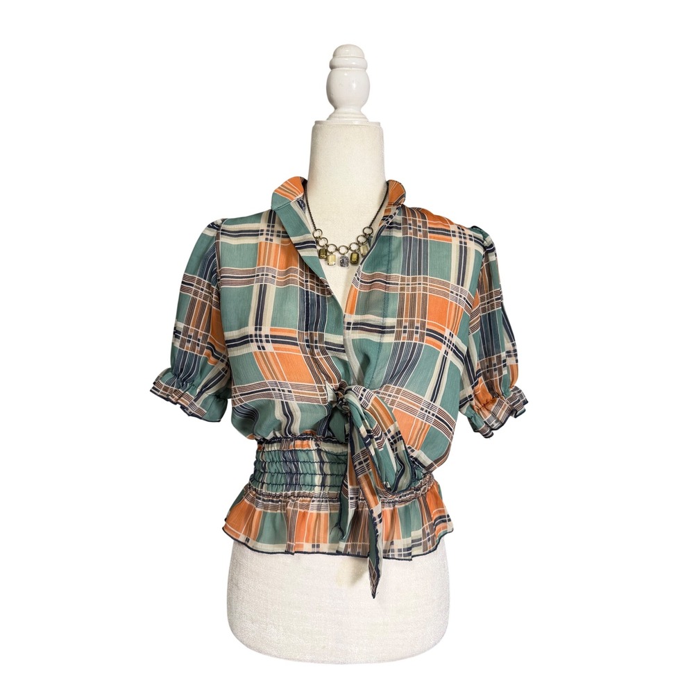 Vintage Y2K Wet Seal Sheer Plaid Tie Front Top Size Medium